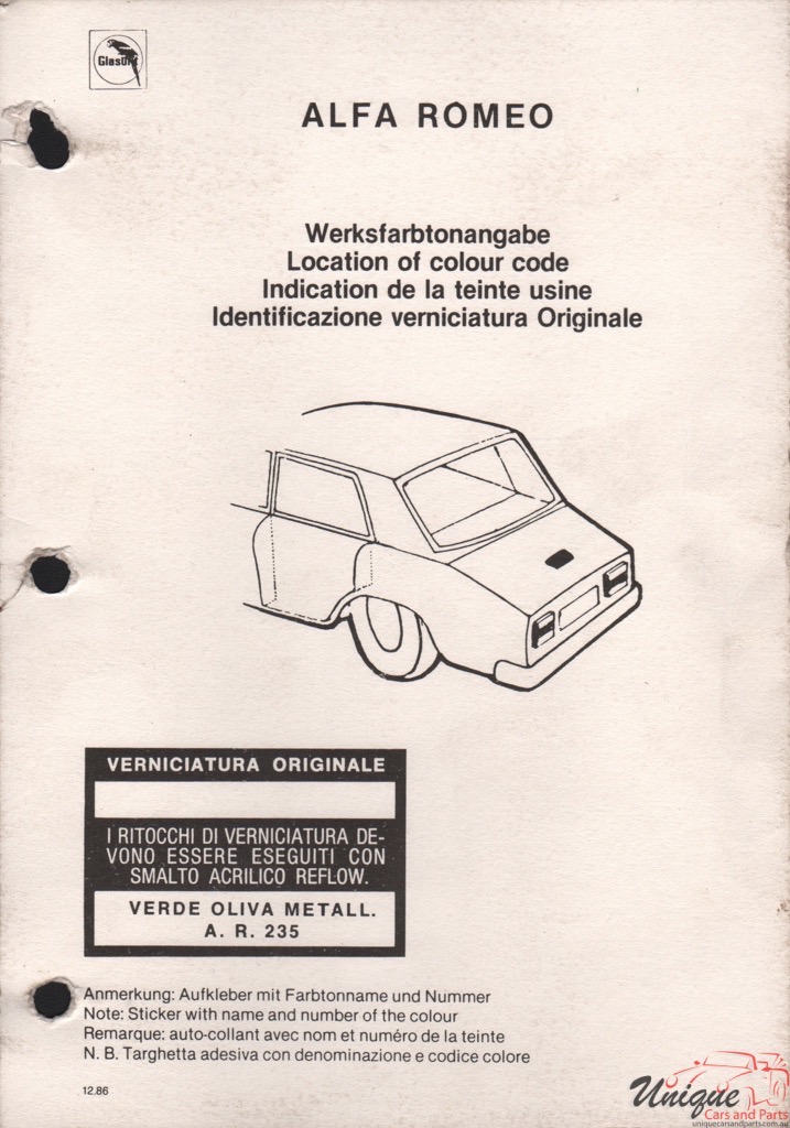 1988 Alfa-Romeo Glasurit 4 Paint Charts